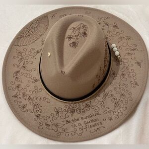 Hand-Decorated Taupe Felt Wide-Brim Floral Burned Design Boho Western Hat